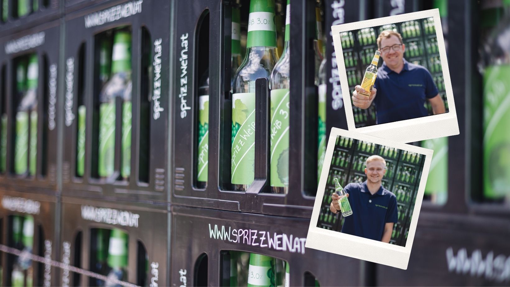 Foto von Sprizzweinkisten und 2 Fotos von unseren Mitarbeitern mit ihren Lieblingssprizzweinsorten