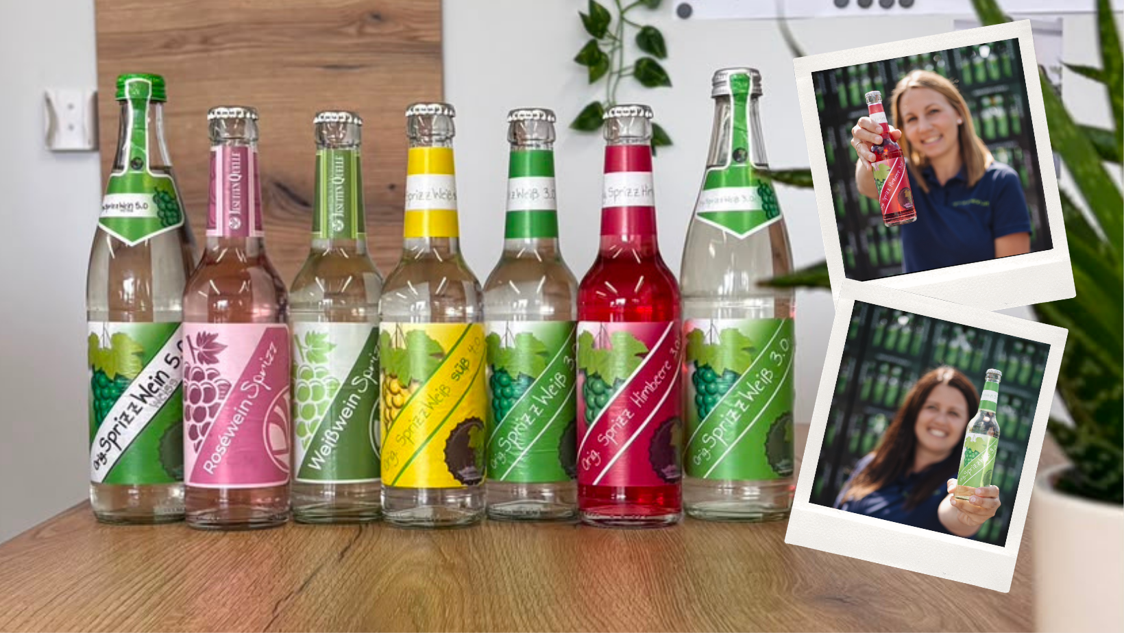 Sprizzwein-Flaschen und Fotos von 2 Bürodamen mit ihrem Lieblingssprizzwein